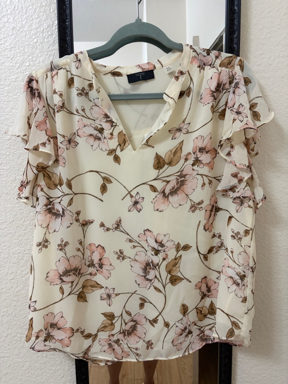 Tahari Cream Blouse with Pink & Brown Floral Print